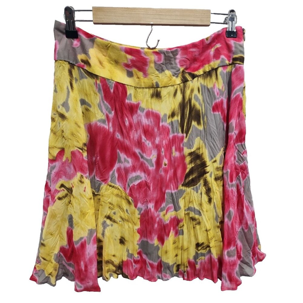 INC Internartional Concepts Womens A-Line Skirt Sz 10 Pink Yellow Floral Crinkle